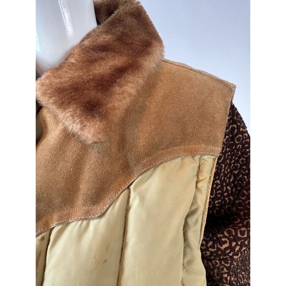 Woolrich Womens Western Style Down Puffer Vest With Faux Fur Collar Beige/Brown - Picture 14 of 16